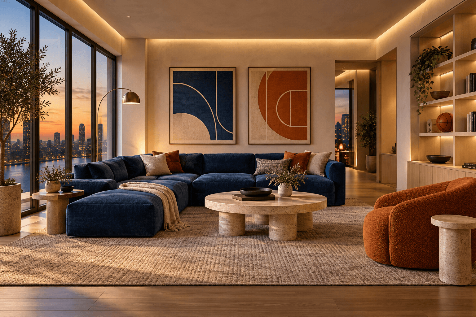 Illustrative living room arranged for a relaxed evening with games