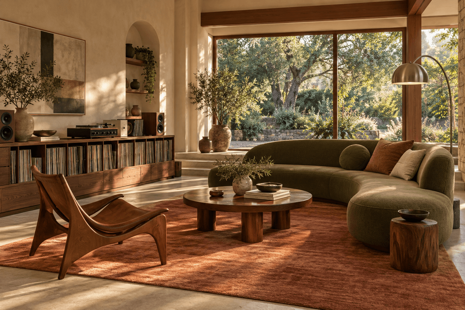Generated listening-room concept with record storage and olive seating