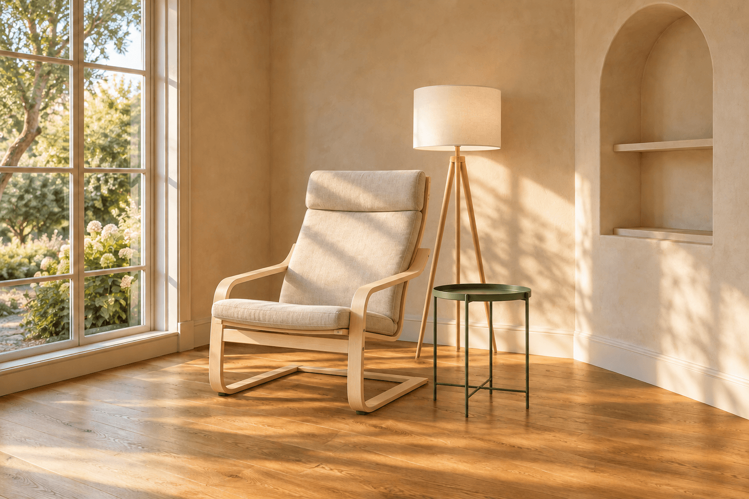 AI reading-corner concept with a light wood chair, green tray table and floor lamp