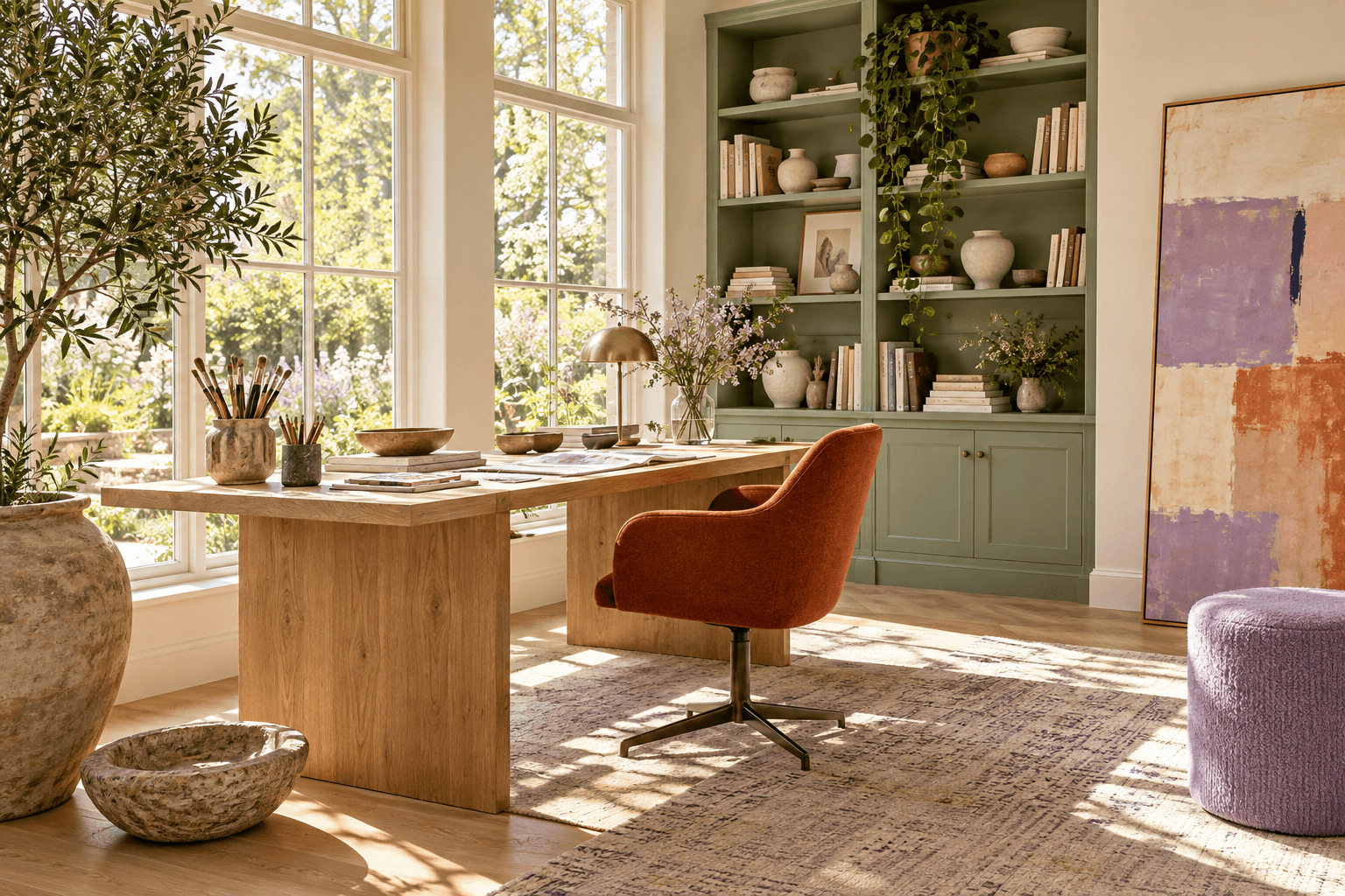 Illustrative creative workspace with a broad wooden desk and shelves for art supplies